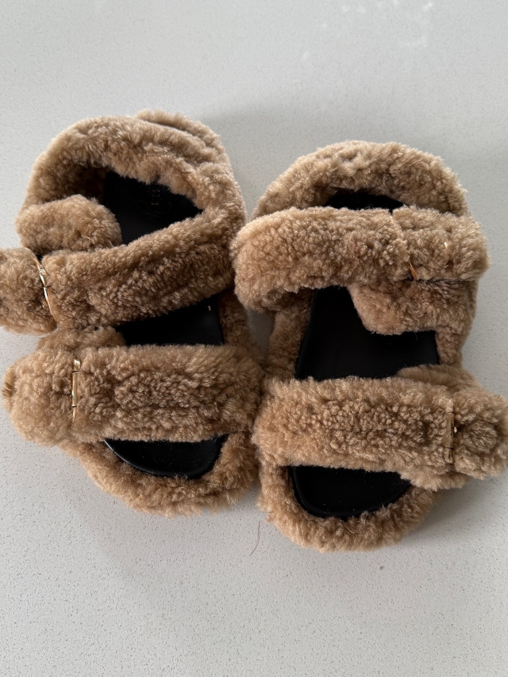 Marni Tan Fuzzy Shearling Strap Sandals